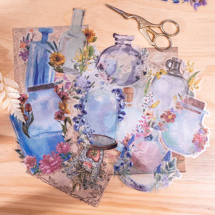 blue bottle shape with flowers stickers