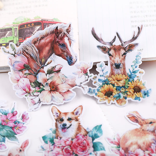 horse, dog ,deer surrounded by flowers stickers
