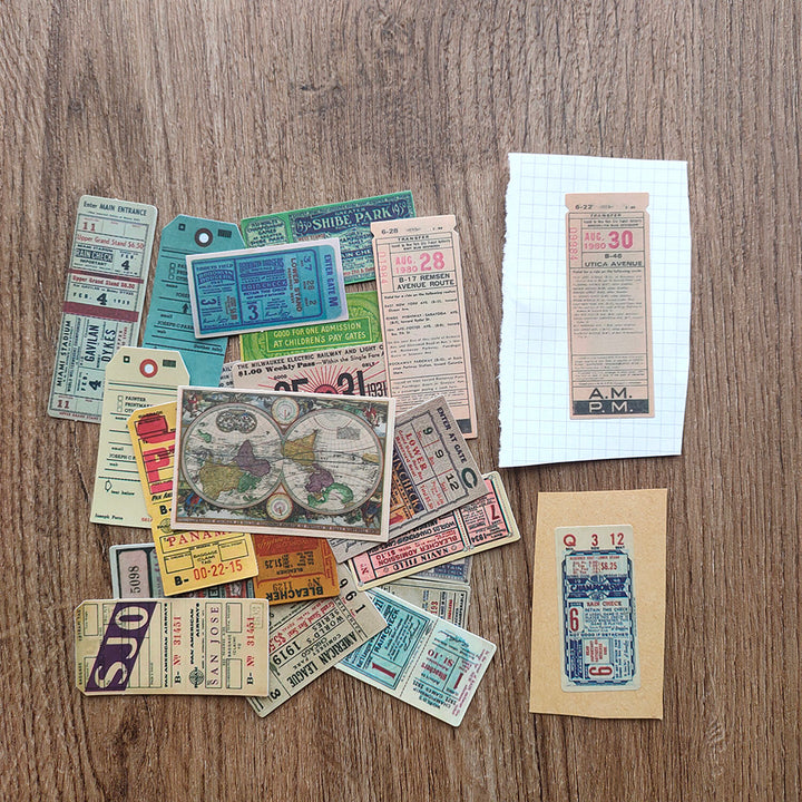 vintage ticket sticker on white grid paper and kraft paper